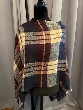 BRAND NEW Plaid Fringe Knit Poncho Sweater - Navy, Burgundy & Cream